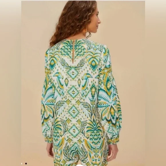 Farm Rio Green/Turquoise Boho Resort Romper Long Sleeve Tassel Tie NWT M - Picture 3 of 9